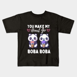 Cute Pandas in Love Drinking Boba Kids T-Shirt